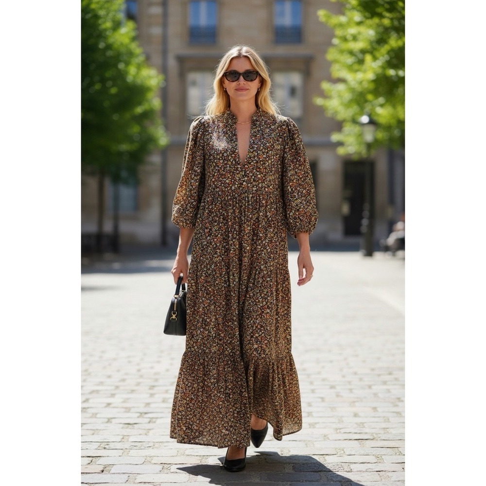 byTimo Floral Maxi Dress Boho Cottagecore Puff Sleeve V-neck Prairie Size Small